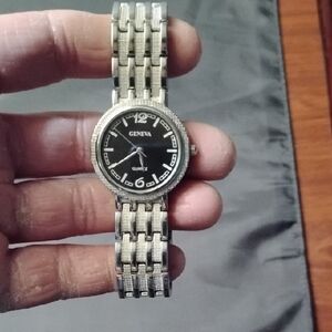 Geneva Black Dial Silver Women's Watch